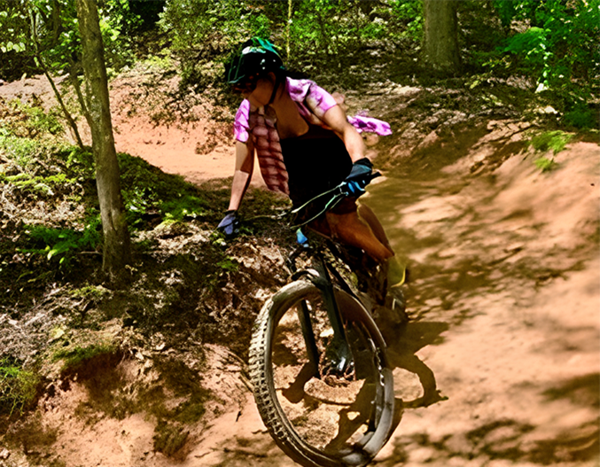 A woman riding her bike on the dirt trail.